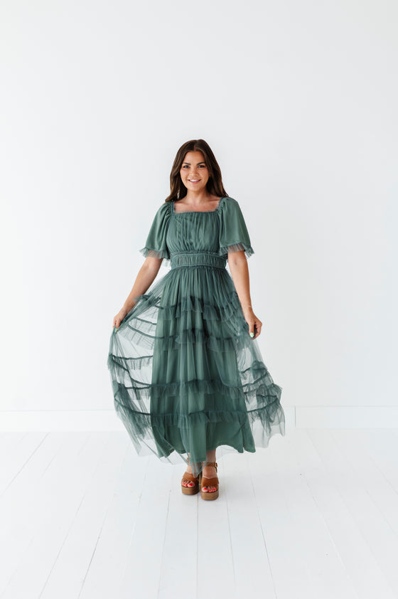 Vienna Ruffle Tiered Dress in Dusty Teal - Size Small Left