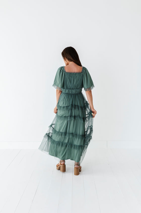 Vienna Ruffle Tiered Dress in Dusty Teal - Size Small Left