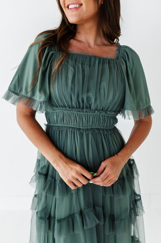 Vienna Ruffle Tiered Dress in Dusty Teal - Size Small Left