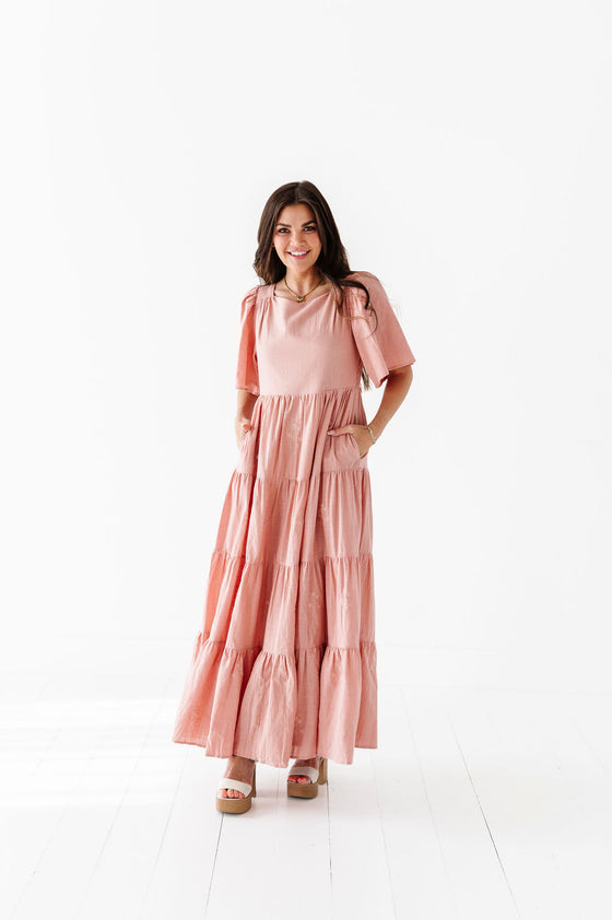 Lucia Embroidered Dress in Blush