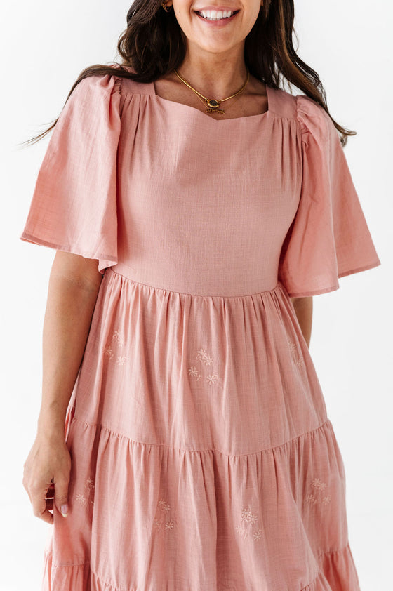 Lucia Embroidered Dress in Blush