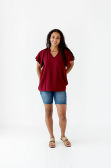  Bailey Ruffle Top in Burgundy - Size Small Left