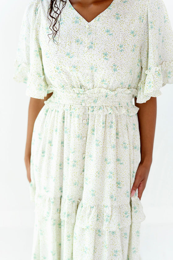 Aimee Floral Flutter Sleeve Dress - Size Small Left