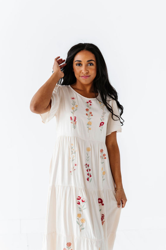 Danielle Embroidered Dress in Ivory
