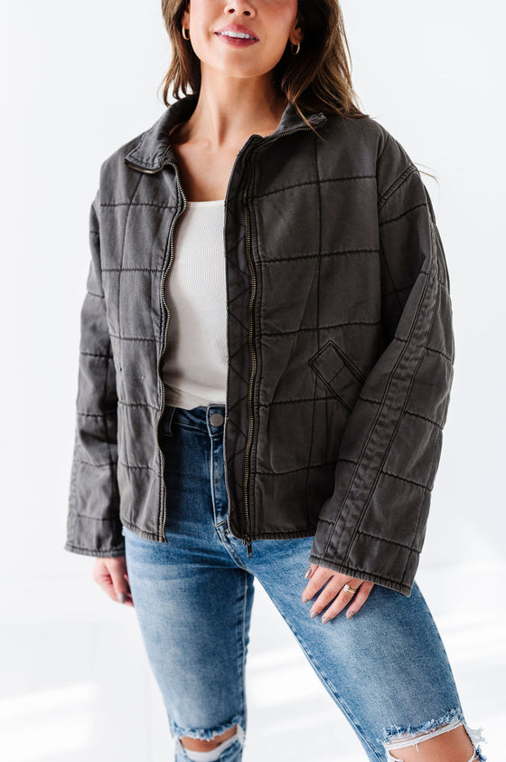 CeCe Quilted Denim Jacket in Charcoal - Size S Left