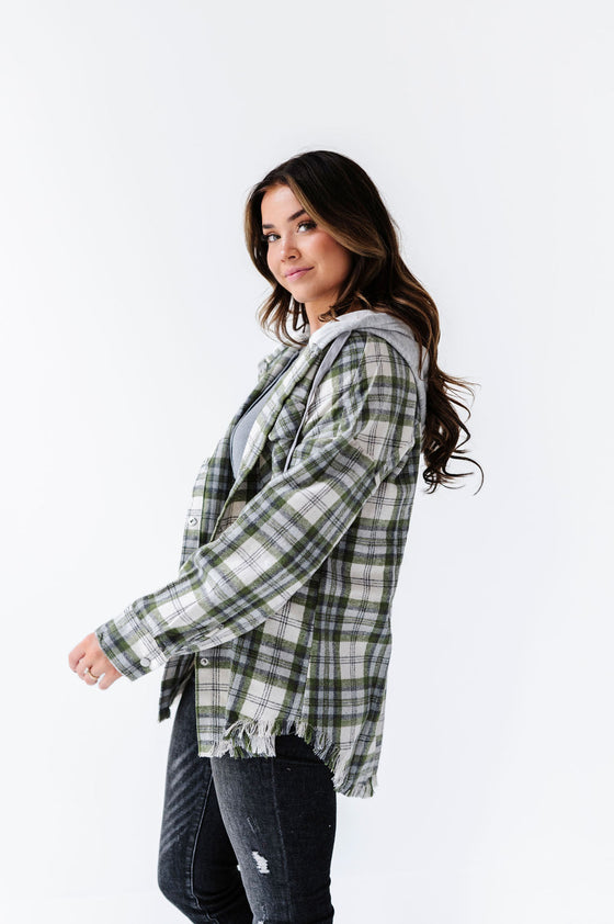 Dove Plaid Shacket in Olive - Size M Left