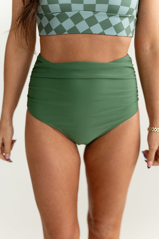L&K High Waisted Ruched Bottoms in Olive - Size XS and S Left
