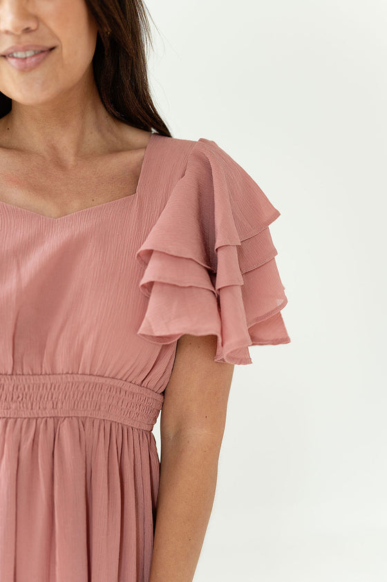 Rubie Flutter Sleeve Dress in Blush - Size S & M Left