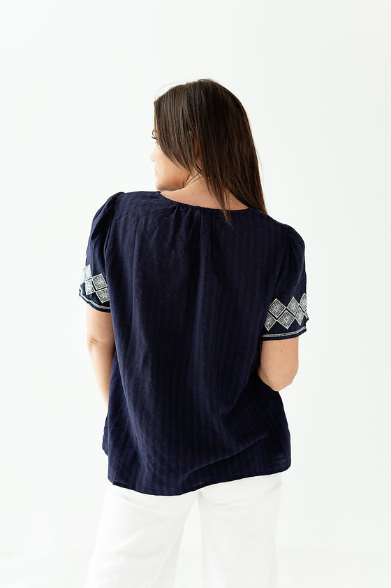 Santorini Embroidered Top in Navy - Size Small Left