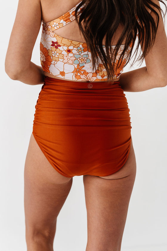 High Waisted Ruched Bottoms in Rust