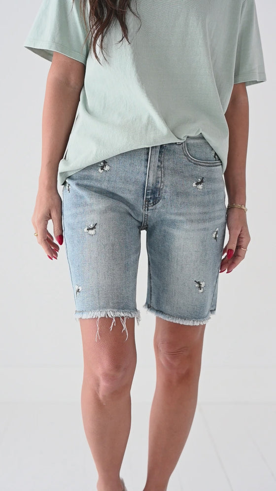 Sunny Embroidered Denim Bermuda Shorts