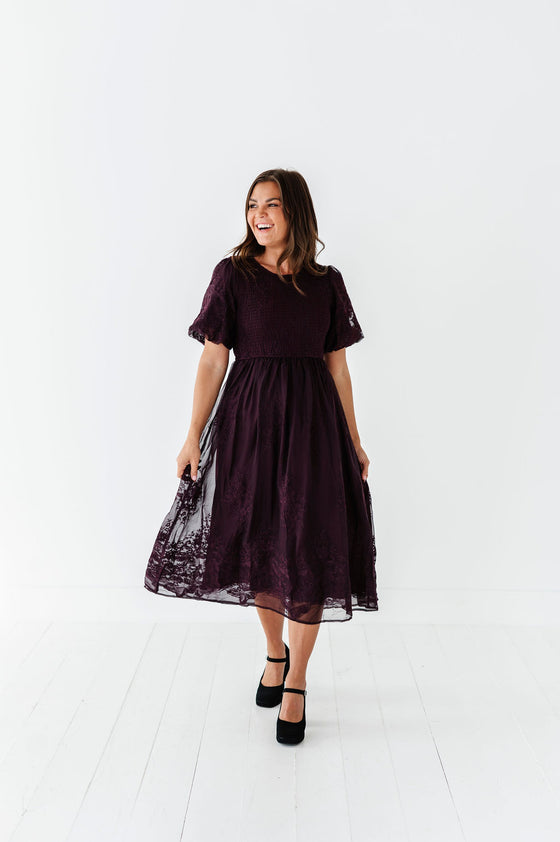 Mia Embroidered Smocked Dress in Plum