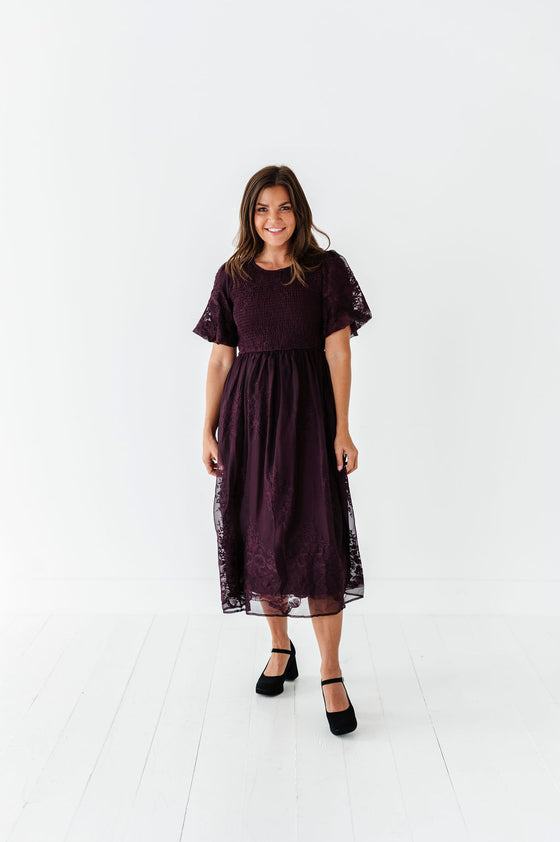 Mia Embroidered Smocked Dress in Plum