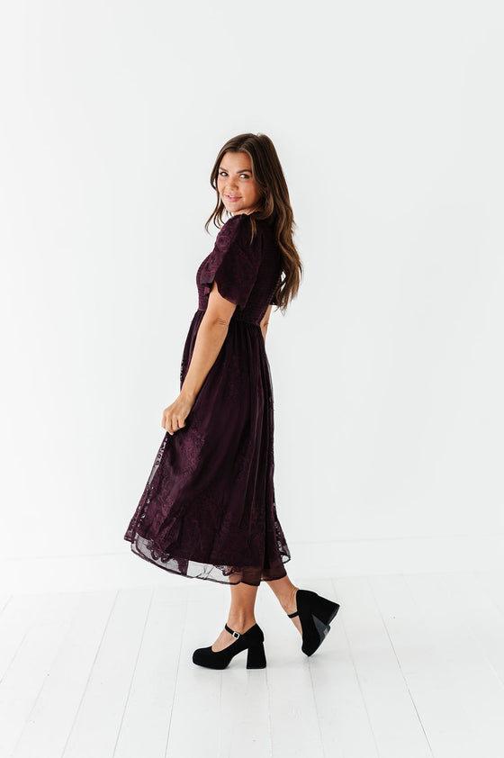 Mia Embroidered Smocked Dress in Plum