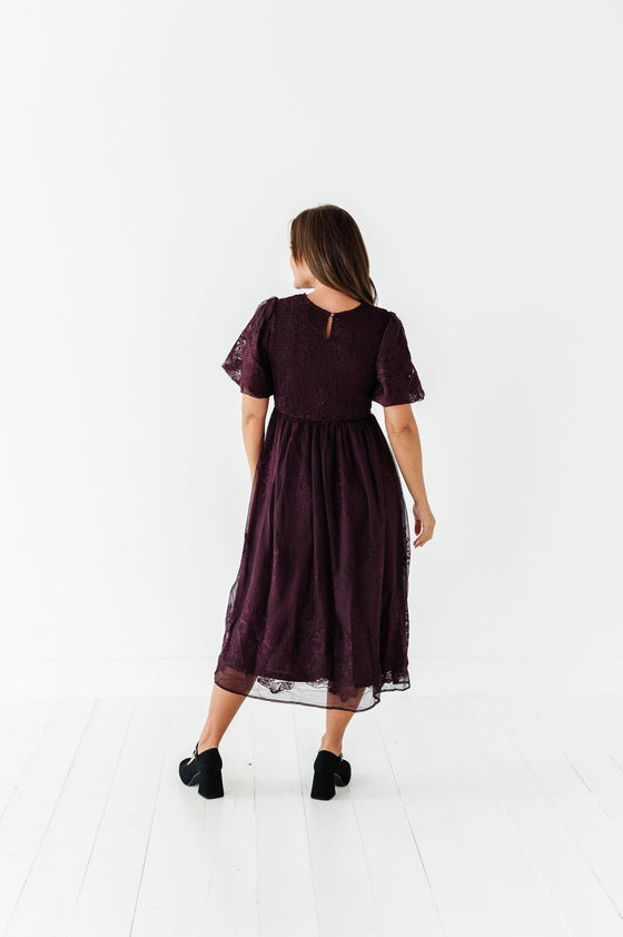 Mia Embroidered Smocked Dress in Plum