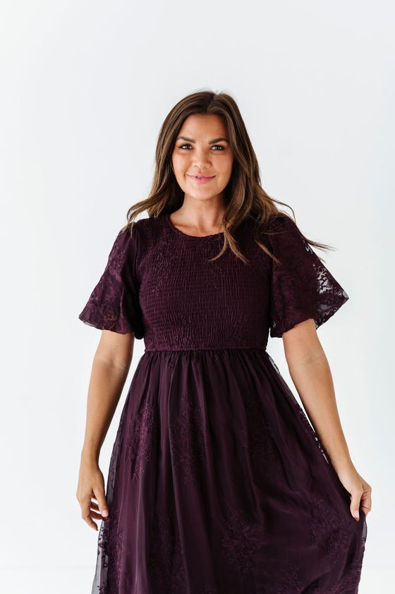 Mia Embroidered Smocked Dress in Plum