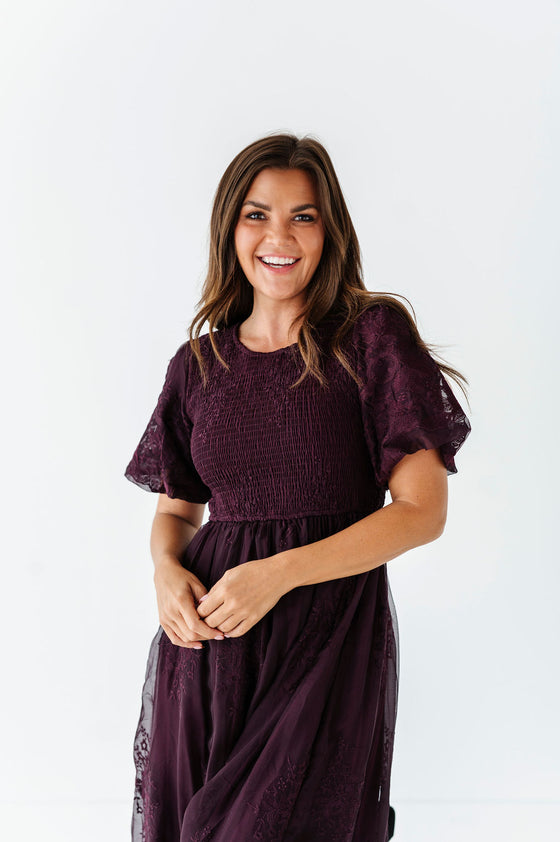 Mia Embroidered Smocked Dress in Plum