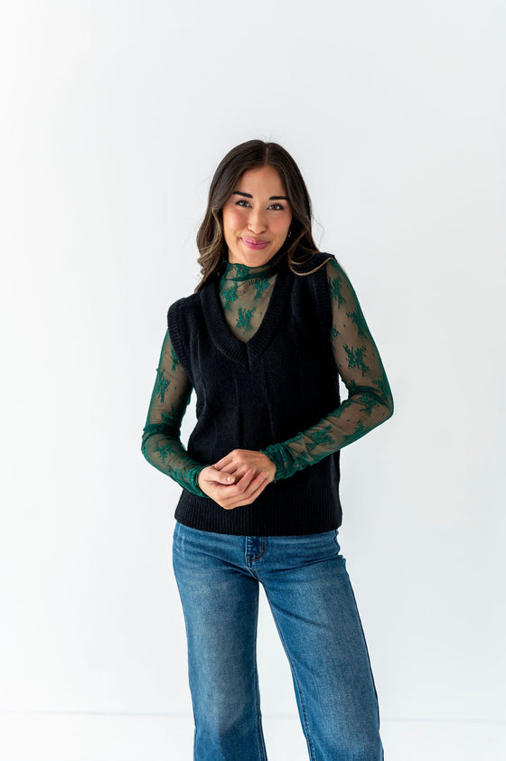 Serena Sheer Lace Top in Evergreen