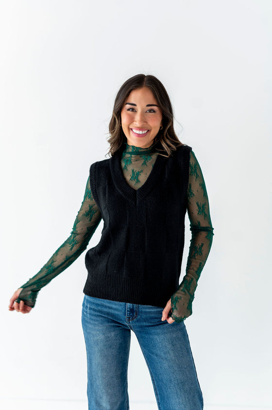 Serena Sheer Lace Top in Evergreen