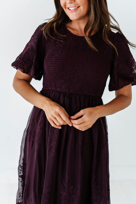 Mia Embroidered Smocked Dress in Plum