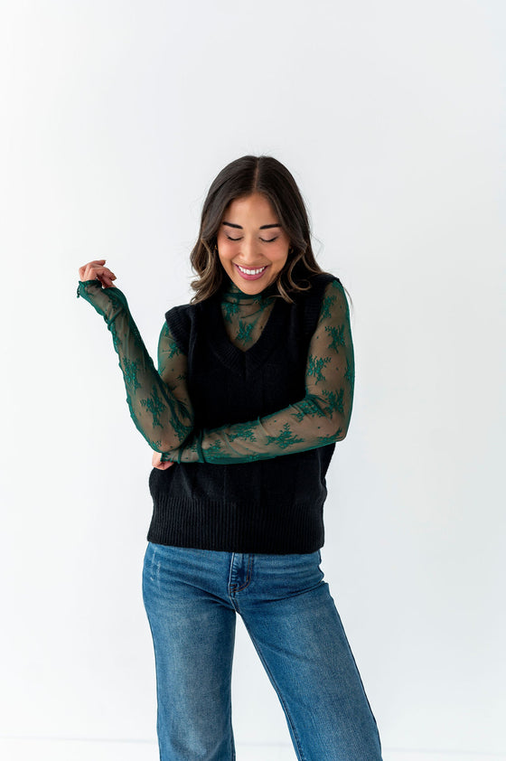 Serena Sheer Lace Top in Evergreen