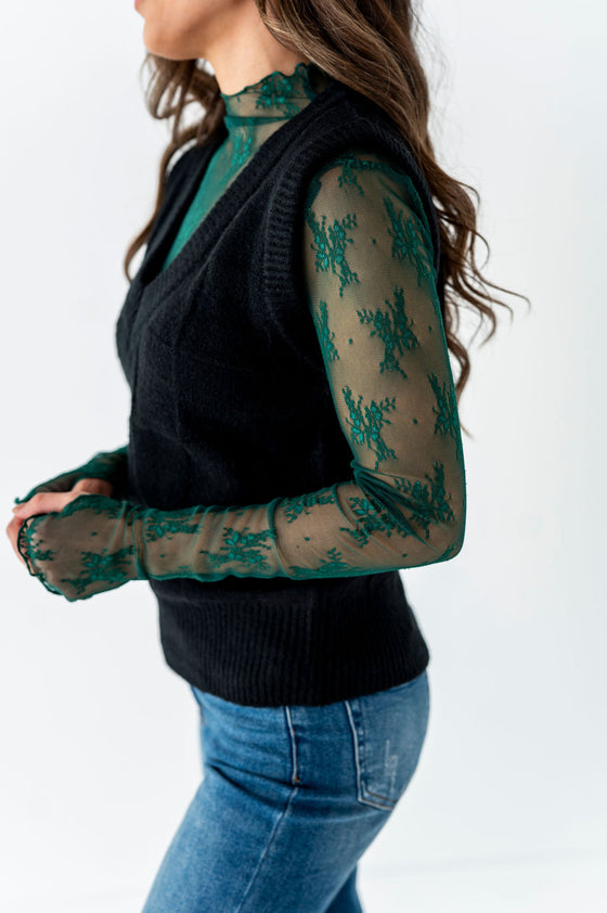 Serena Sheer Lace Top in Evergreen