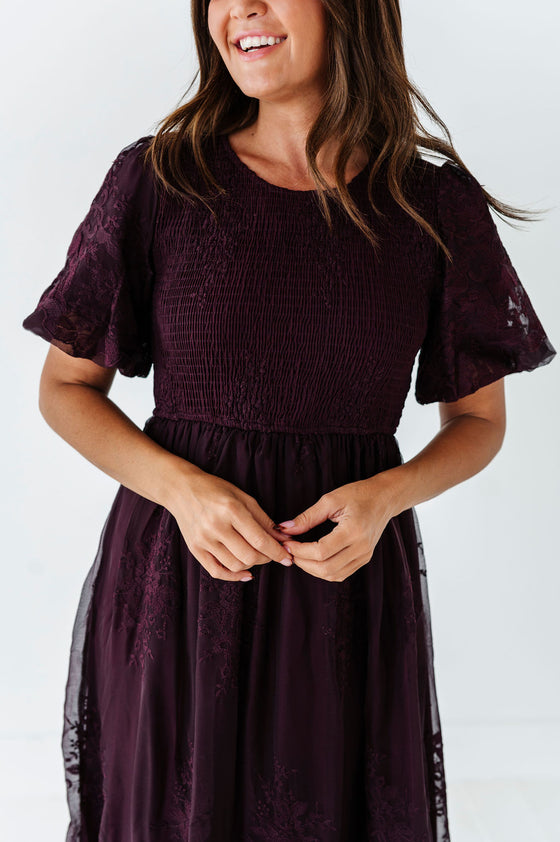 Mia Embroidered Smocked Dress in Plum