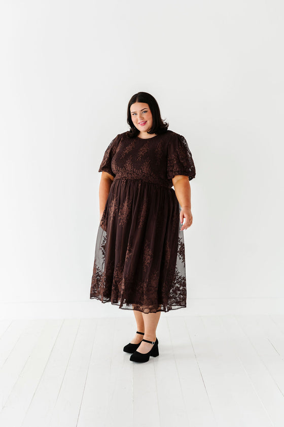 Mia Embroidered Smocked Dress in Brown