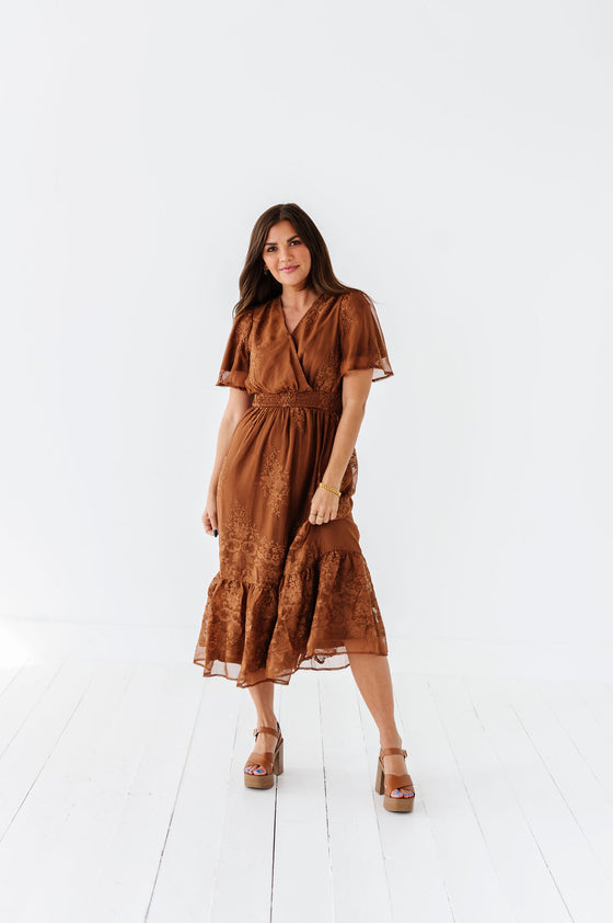 Cambria Embroidered Dress in Caramel