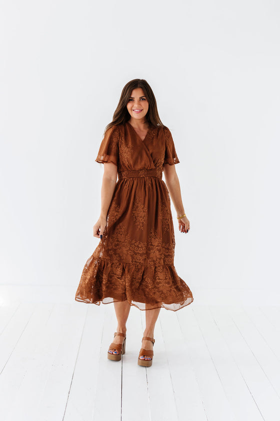 Cambria Embroidered Dress in Caramel