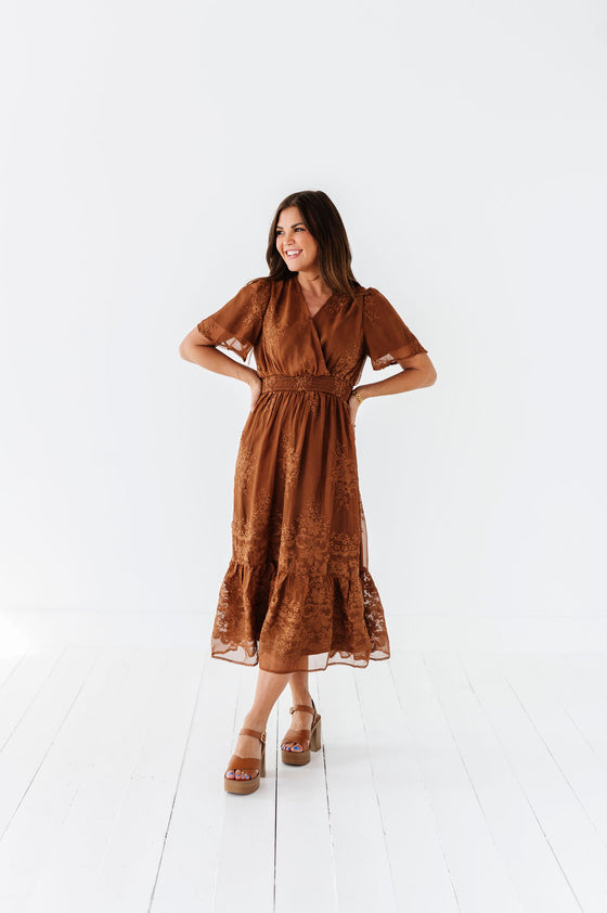 Cambria Embroidered Dress in Caramel