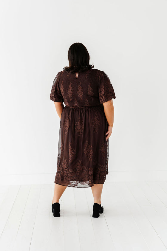 Mia Embroidered Smocked Dress in Brown