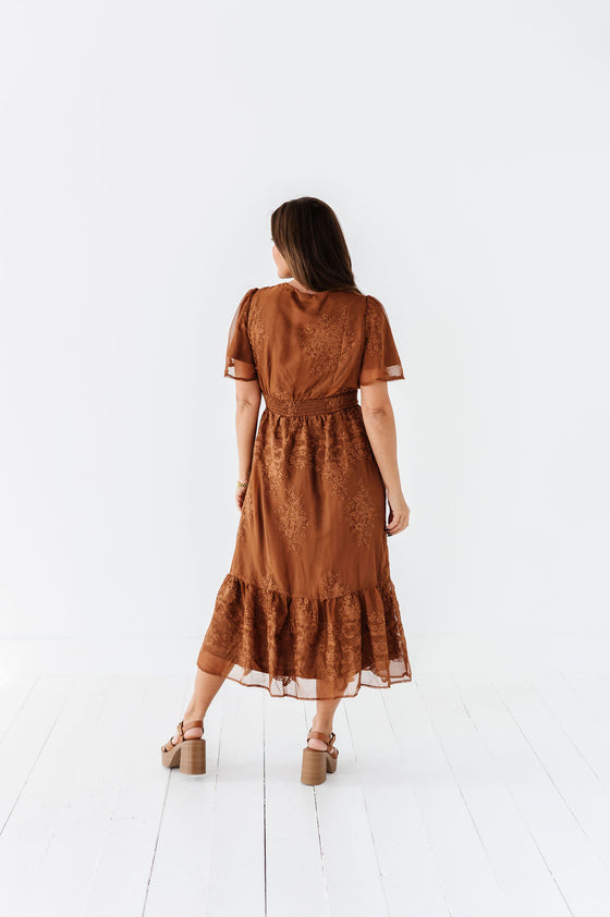 Cambria Embroidered Dress in Caramel