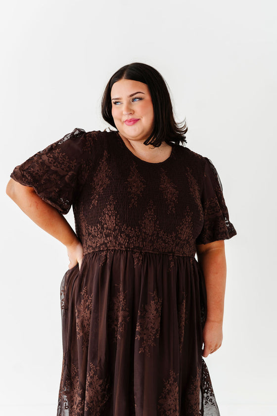 Mia Embroidered Smocked Dress in Brown