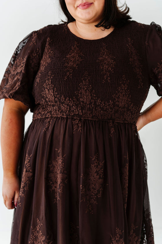 Mia Embroidered Smocked Dress in Brown