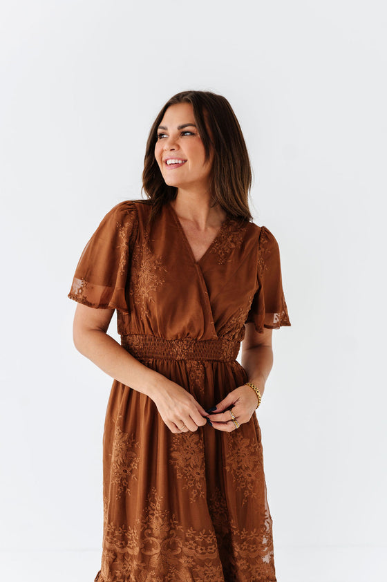 Cambria Embroidered Dress in Caramel