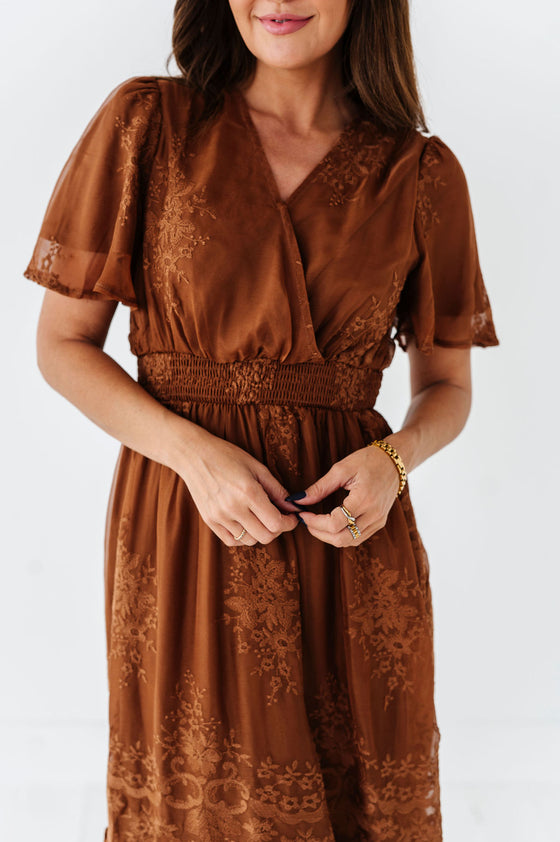 Cambria Embroidered Dress in Caramel