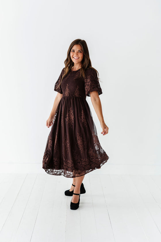 Mia Embroidered Smocked Dress in Brown