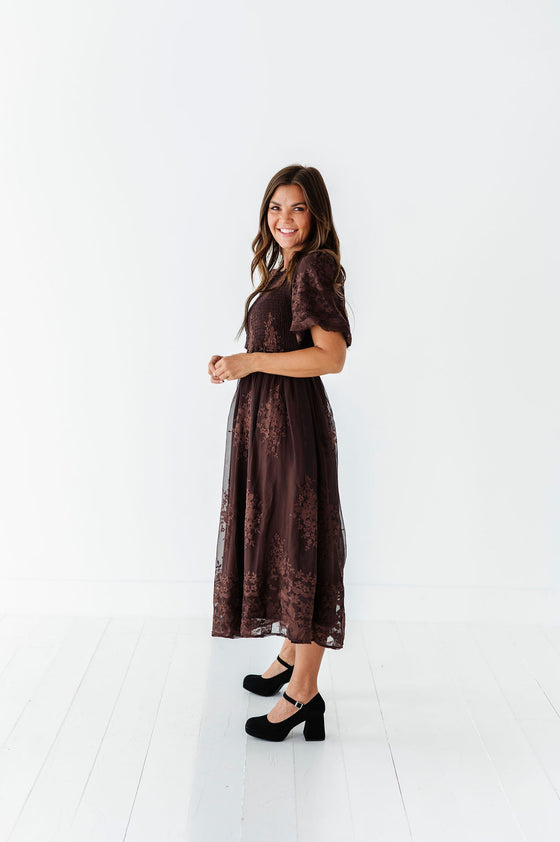 Mia Embroidered Smocked Dress in Brown