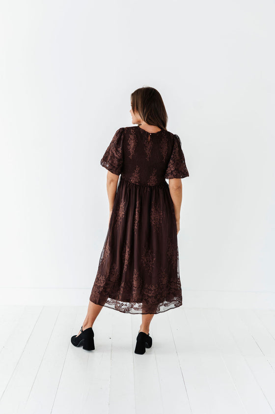 Mia Embroidered Smocked Dress in Brown