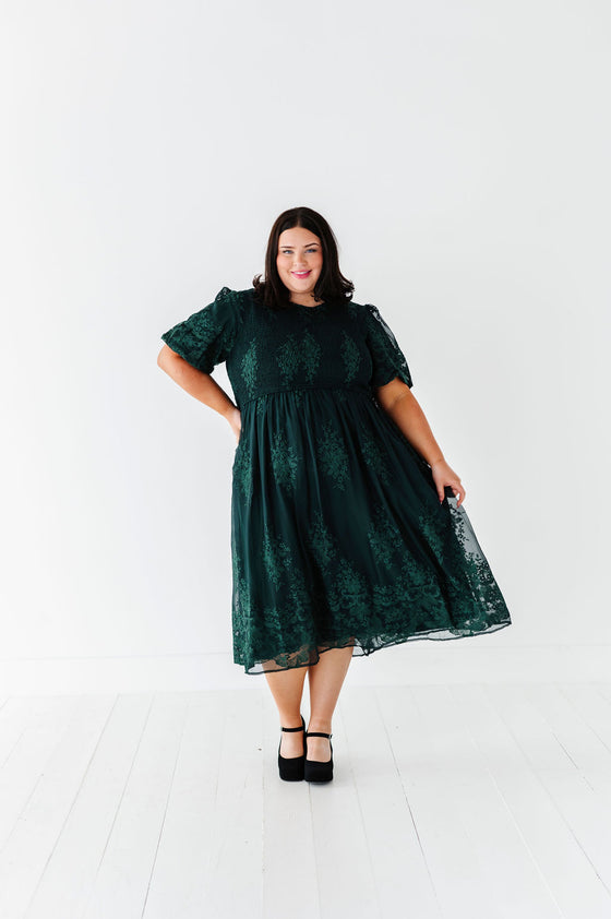 Mia Embroidered Smocked Dress in Emerald