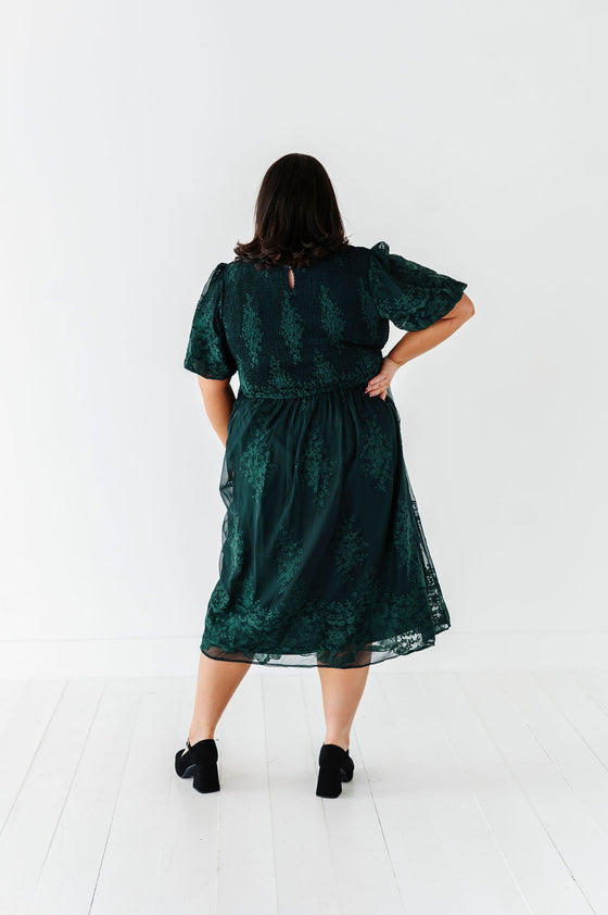 Mia Embroidered Smocked Dress in Emerald