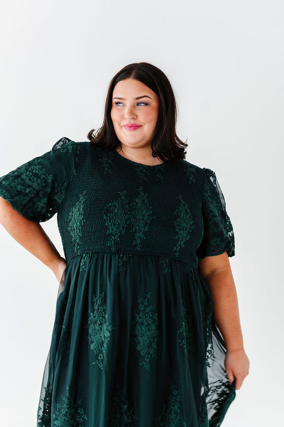 Mia Embroidered Smocked Dress in Emerald