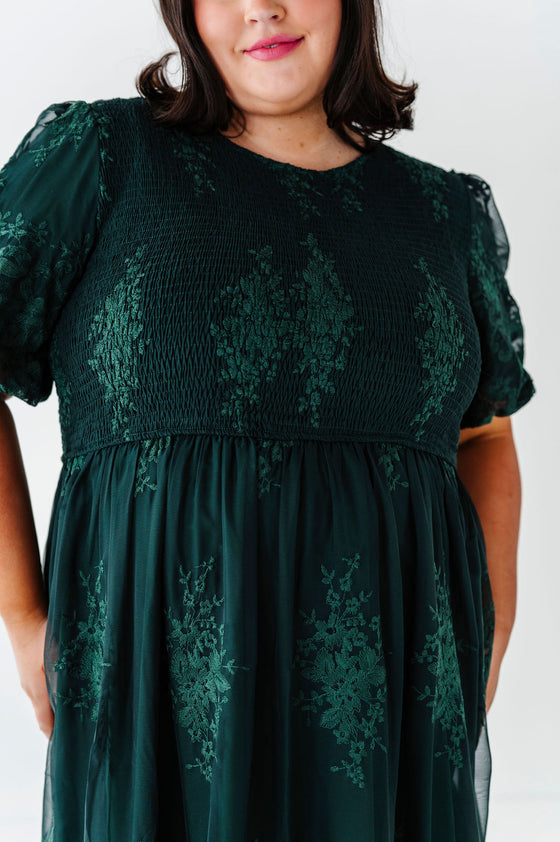 Mia Embroidered Smocked Dress in Emerald