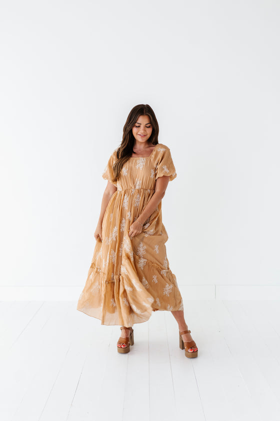 Lola Embroidered Dress in Camel - Size Medium Left