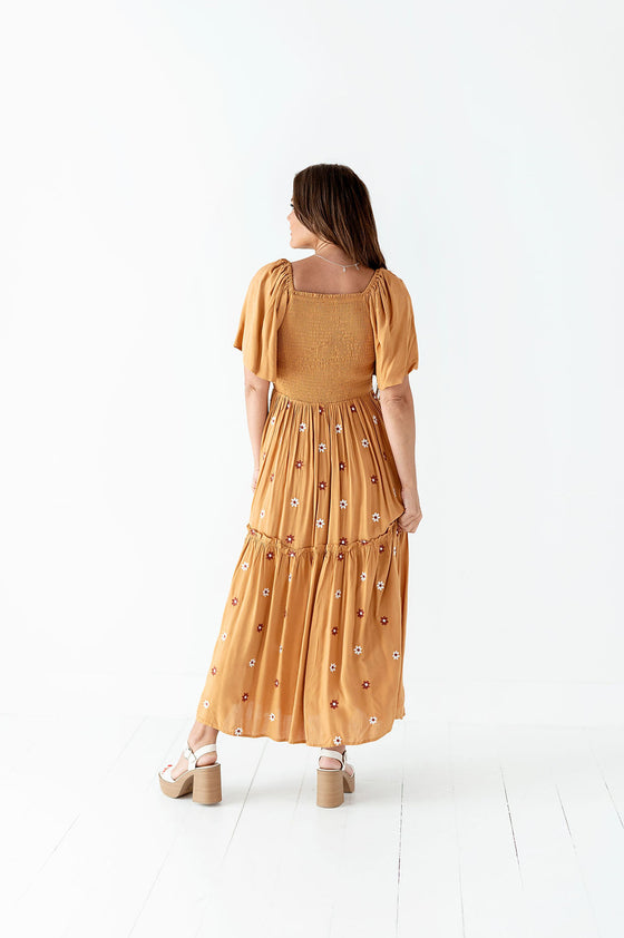 Clementine Embroidered Dress in Camel