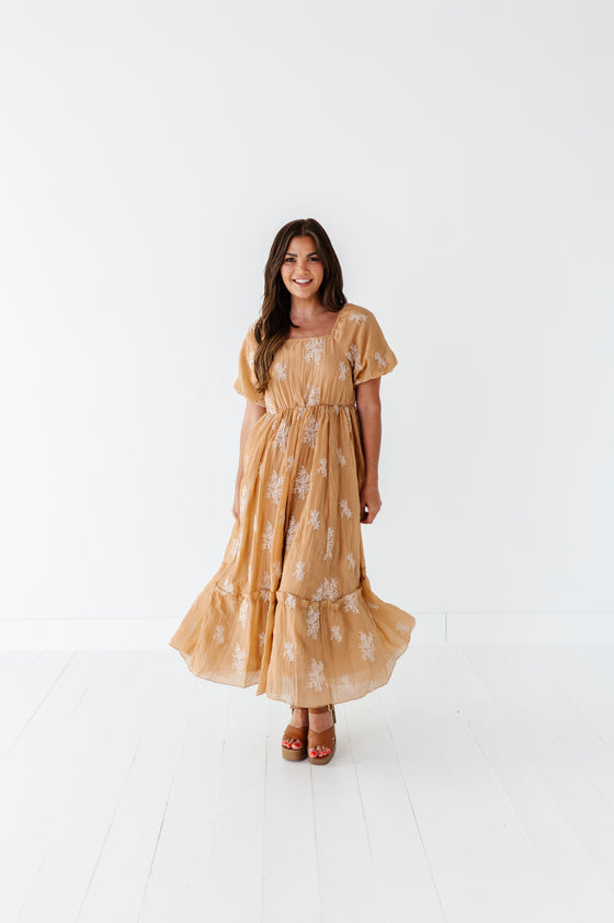 Lola Embroidered Dress in Camel - Size Medium Left