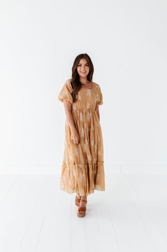 Lola Embroidered Dress in Camel