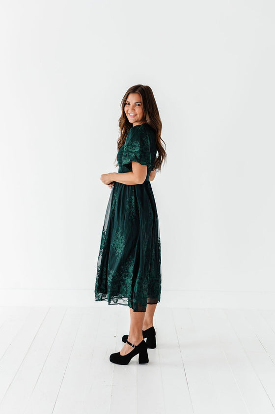 Mia Embroidered Smocked Dress in Emerald