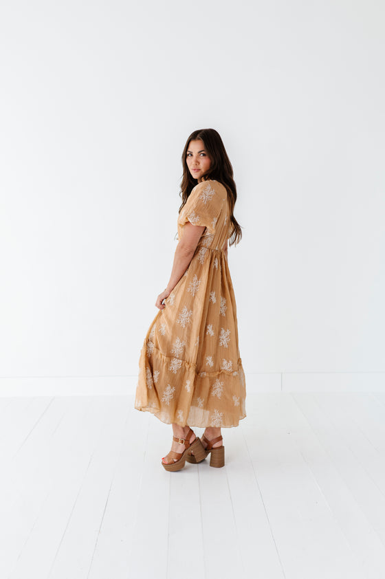 Lola Embroidered Dress in Camel - Size Medium Left